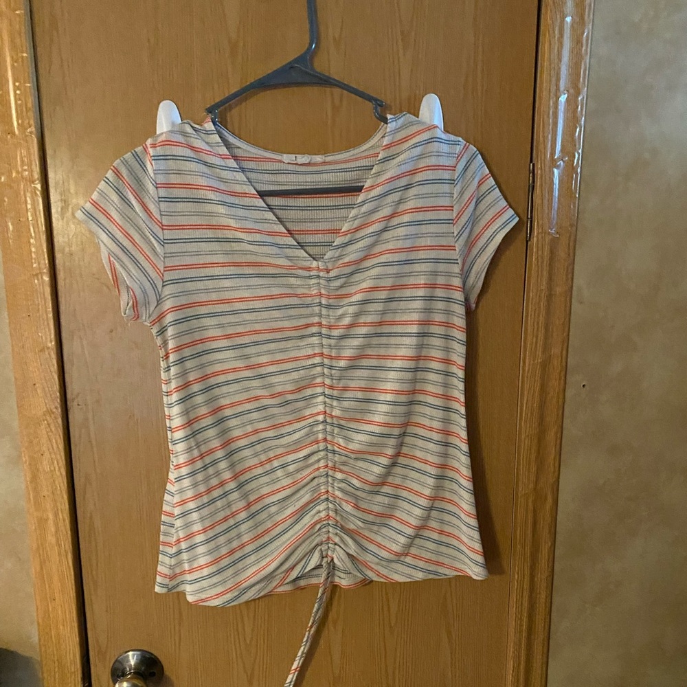 Tan Striped Ribbed Scrunch Shirt Size M